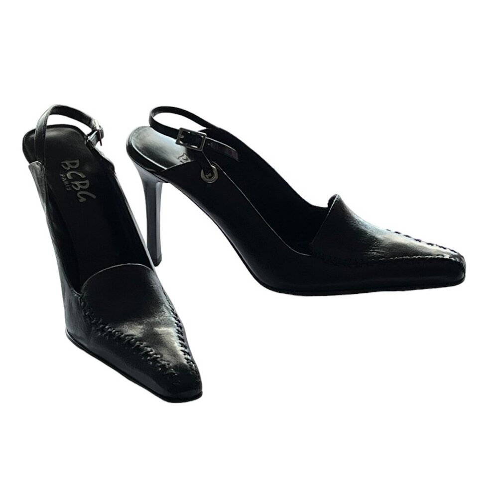 BCBG PARIS black pump pointed toe sling back leather coquette style Y2K size 6